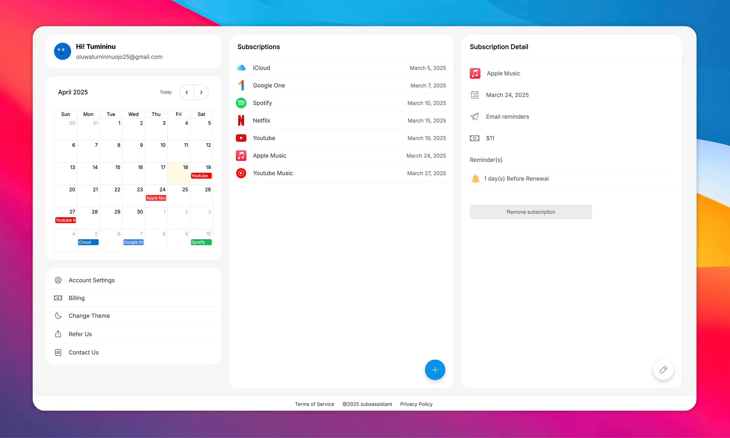 Subsassistant dashboard